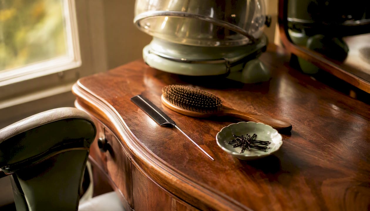 Vintage hairstyling tools on wooden dressing table