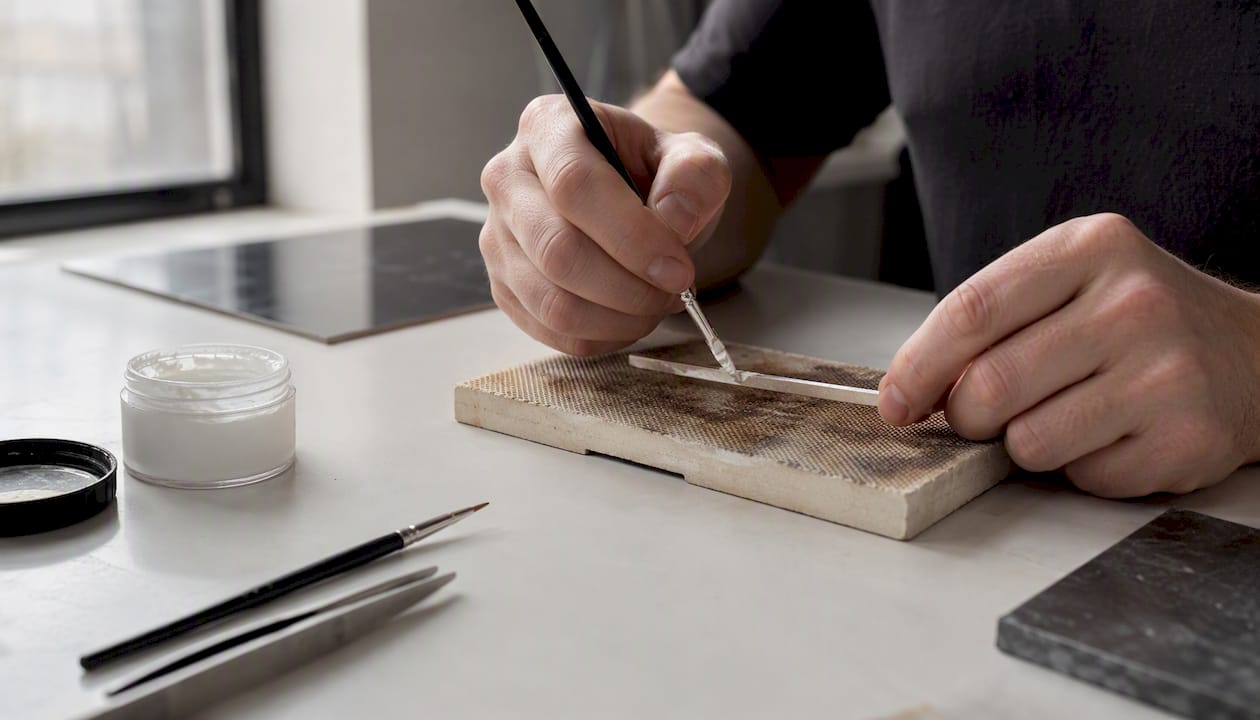 Jeweler applying white paste flux on silver joint