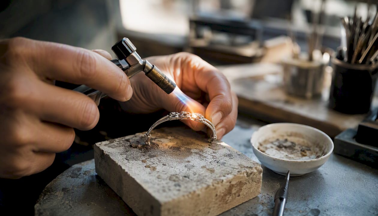 Jeweler torch heating silver solder joint