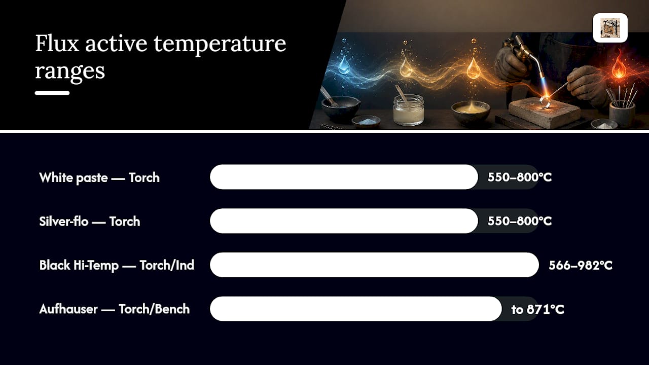 Diagram comparing silver solder flux types by temperature range and heating method