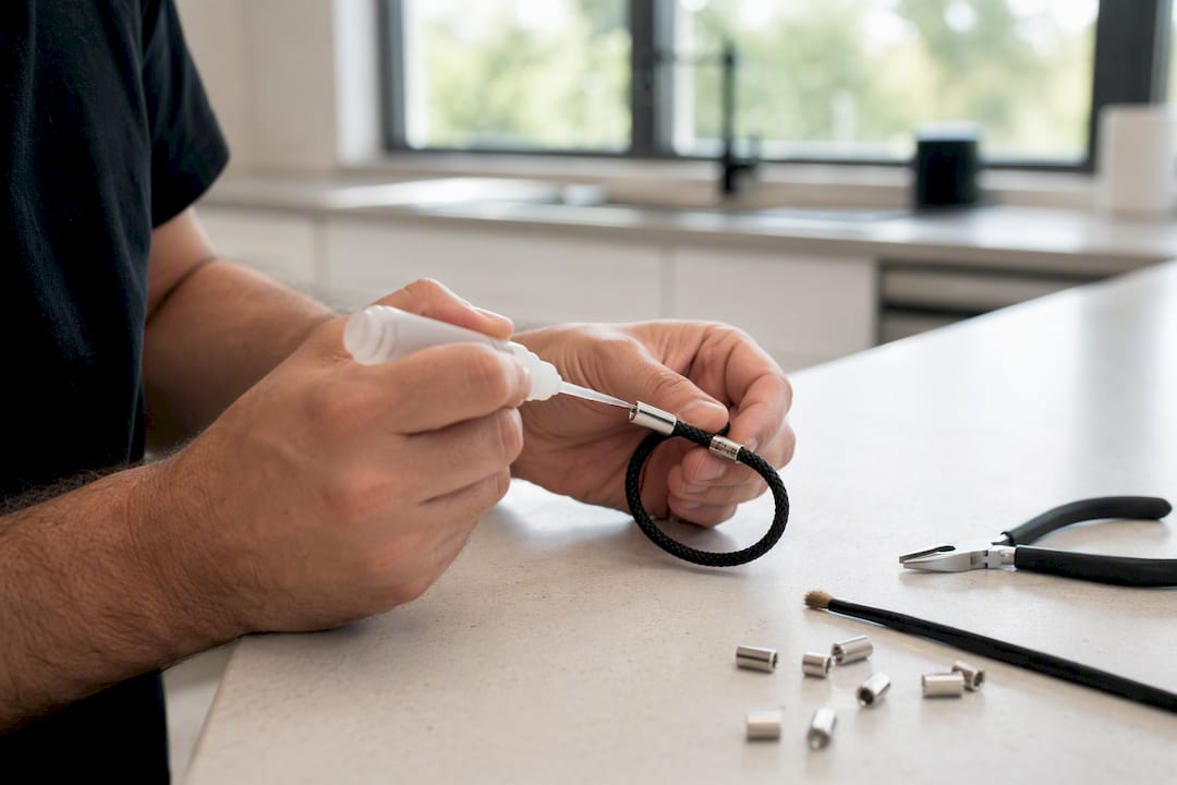 Hands applying adhesive to clasp and cord connection