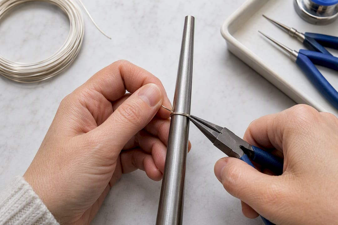 Hands testing scrap wire on mandrel