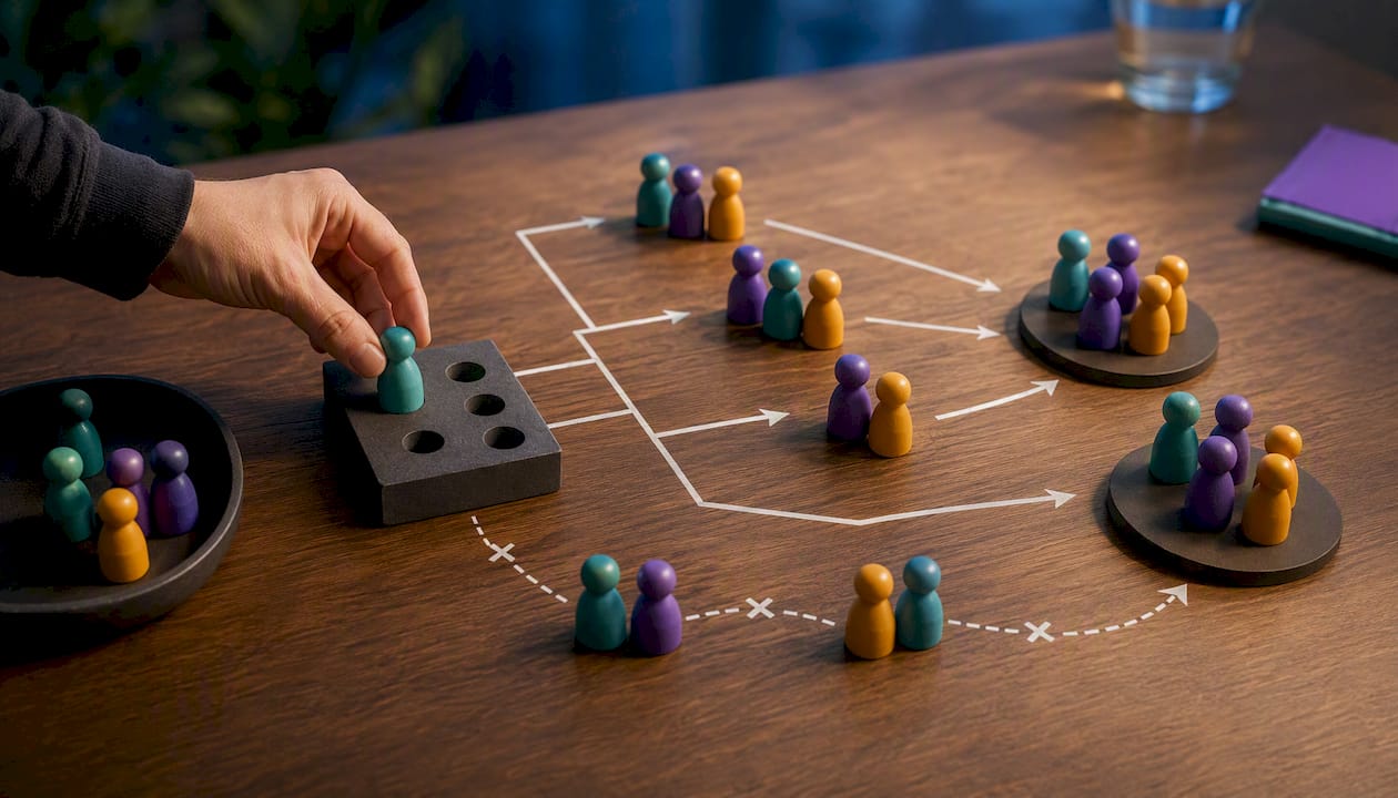 Skill tokens routed into balanced team options