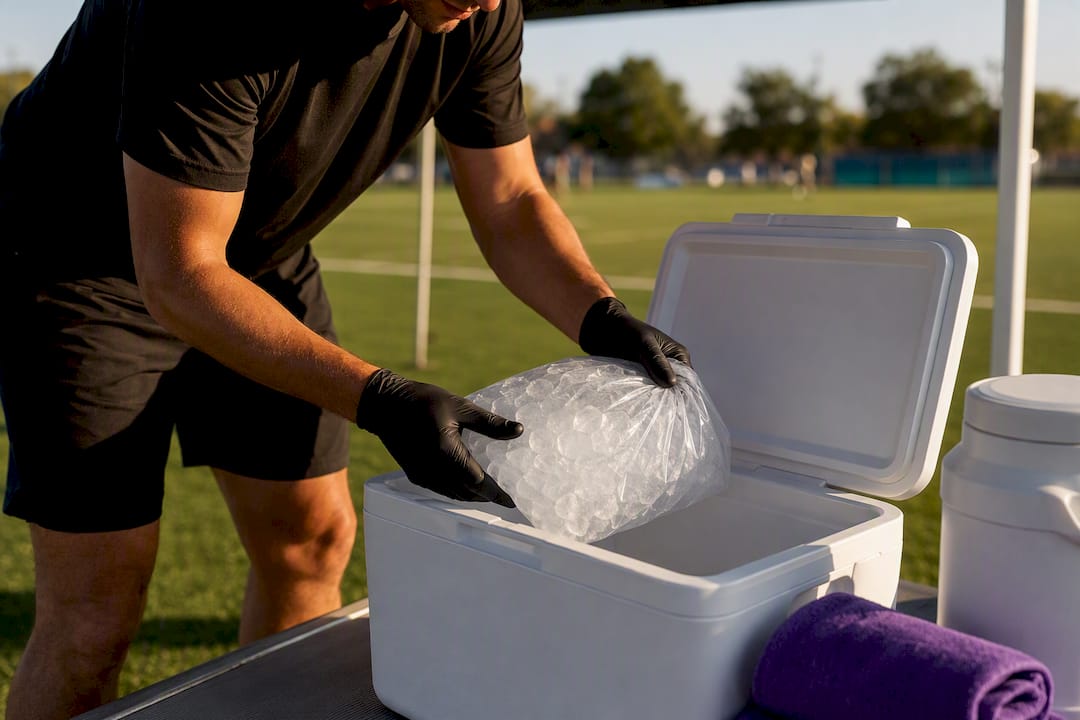 Ice cooler prepared beside sports field
