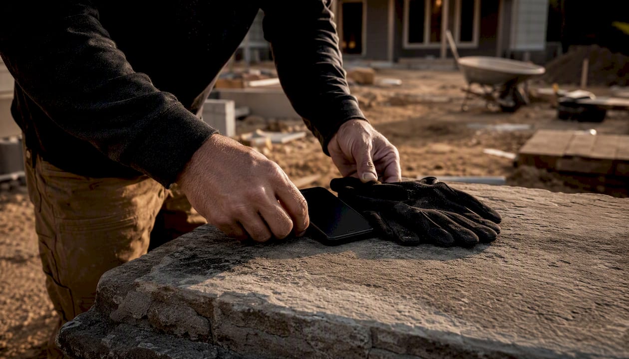Hands arranging tools on residential job site bench