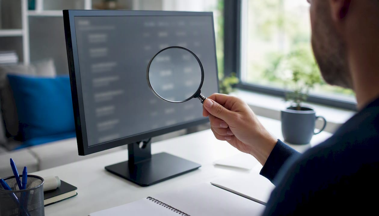 Hand holding magnifying glass over keyword data