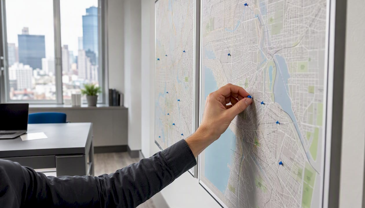 Hand placing pushpin on cityscape map
