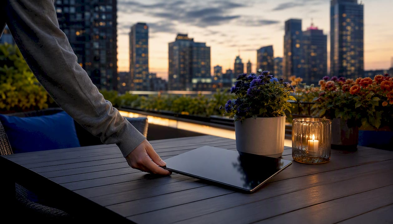 Hand placing tablet on conference table
