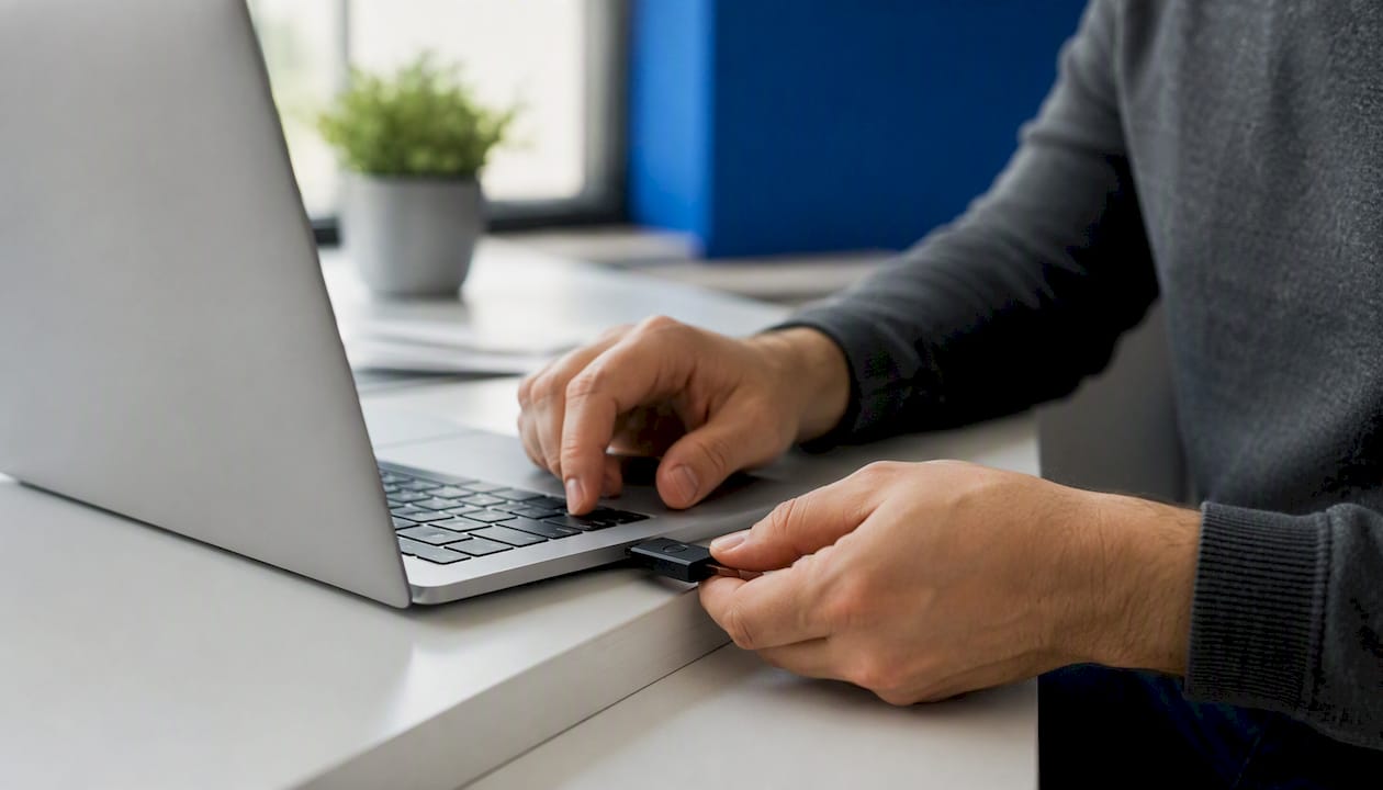 Hands inserting USB security token into PC tower