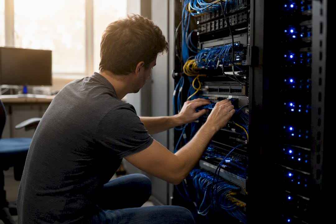 Hands connecting cables in data server room