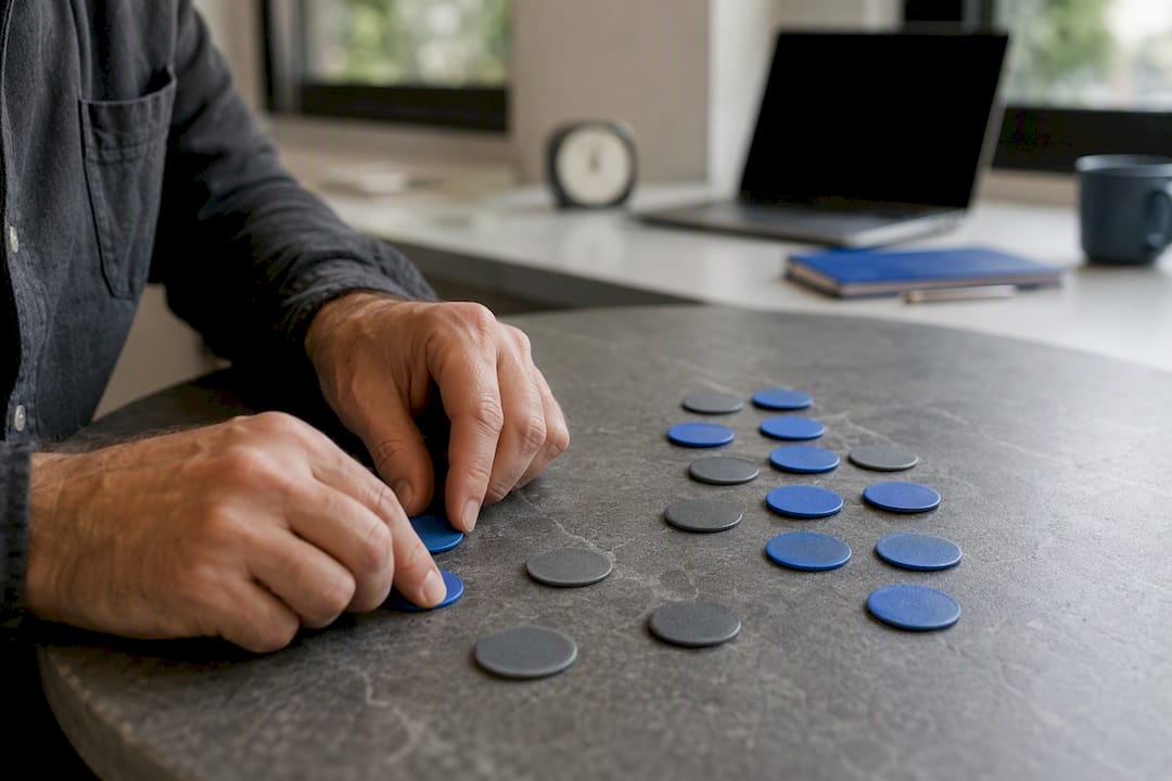 Hands moving exclusion tokens on table