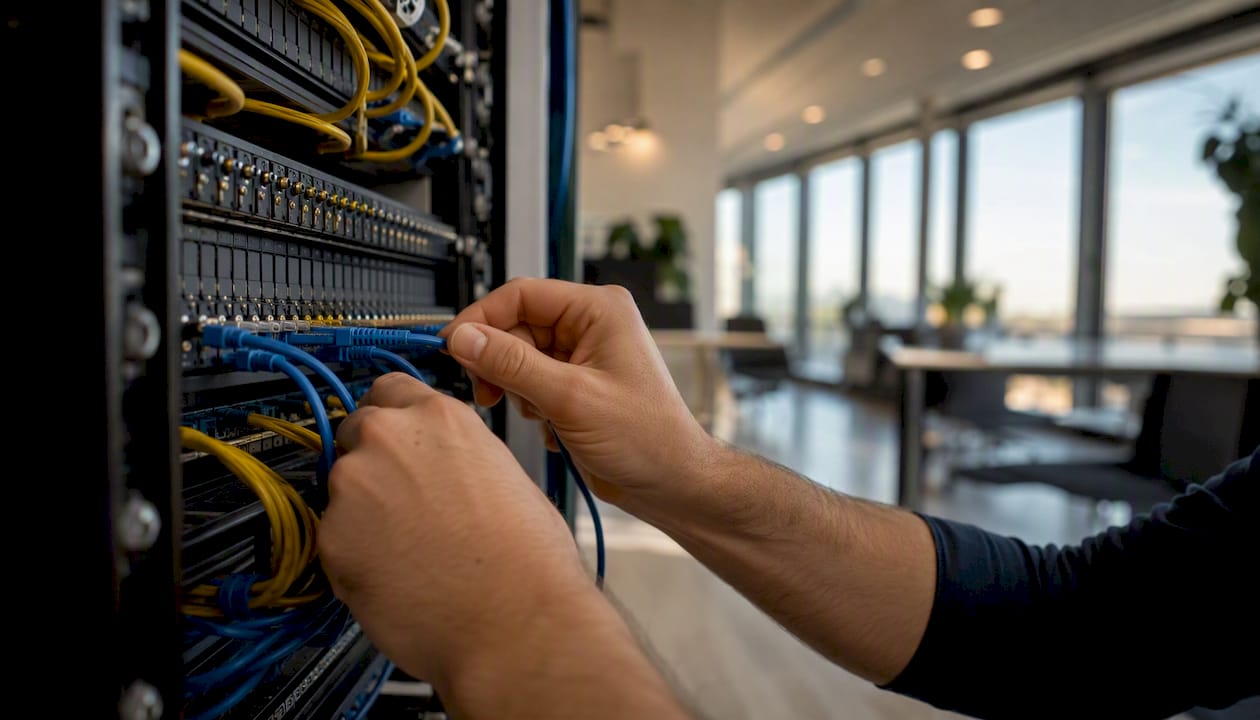 Hands connecting telecom cable to patch panel