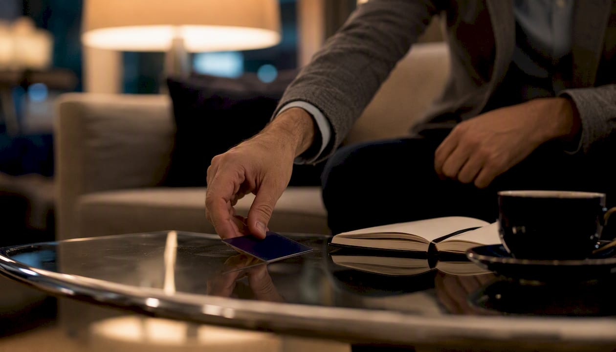 Hand placing business card on table
