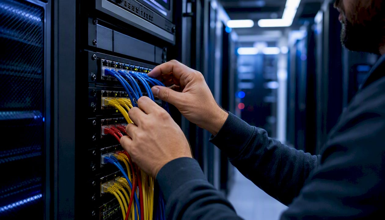 Hands connecting cables in telecom rack