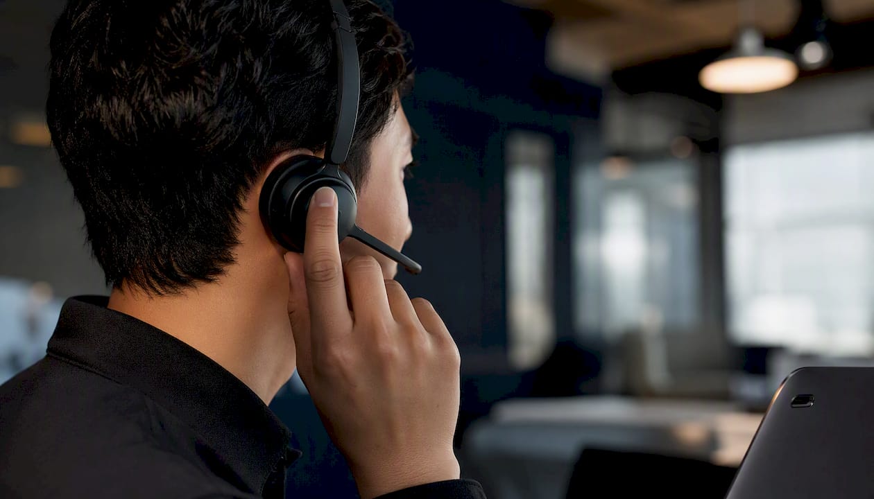 Hand adjusting headset in tech-forward workspace