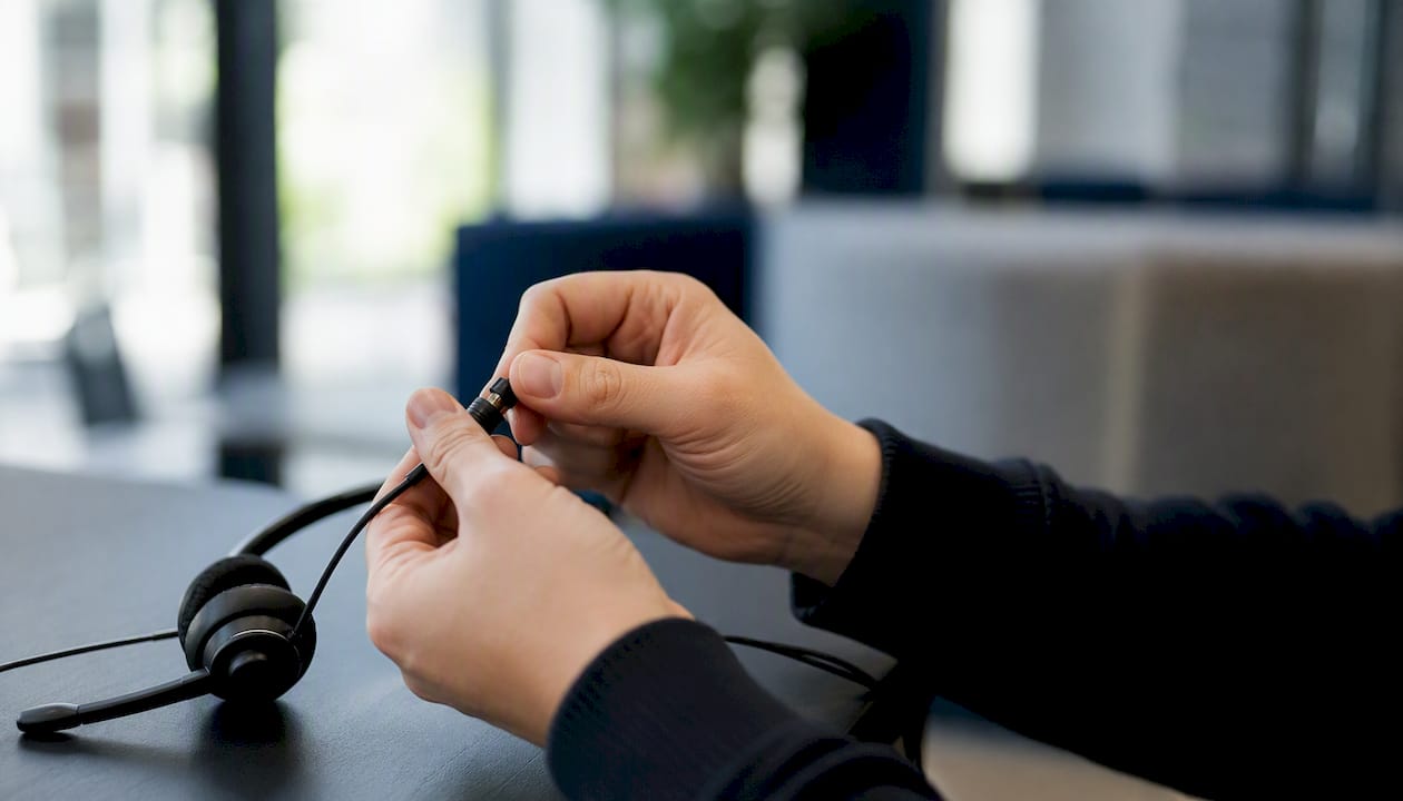 Hands connecting call center headset cable