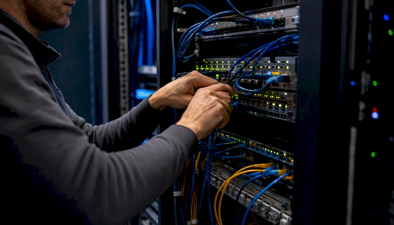 Tech hands operating telecom patch panel switches