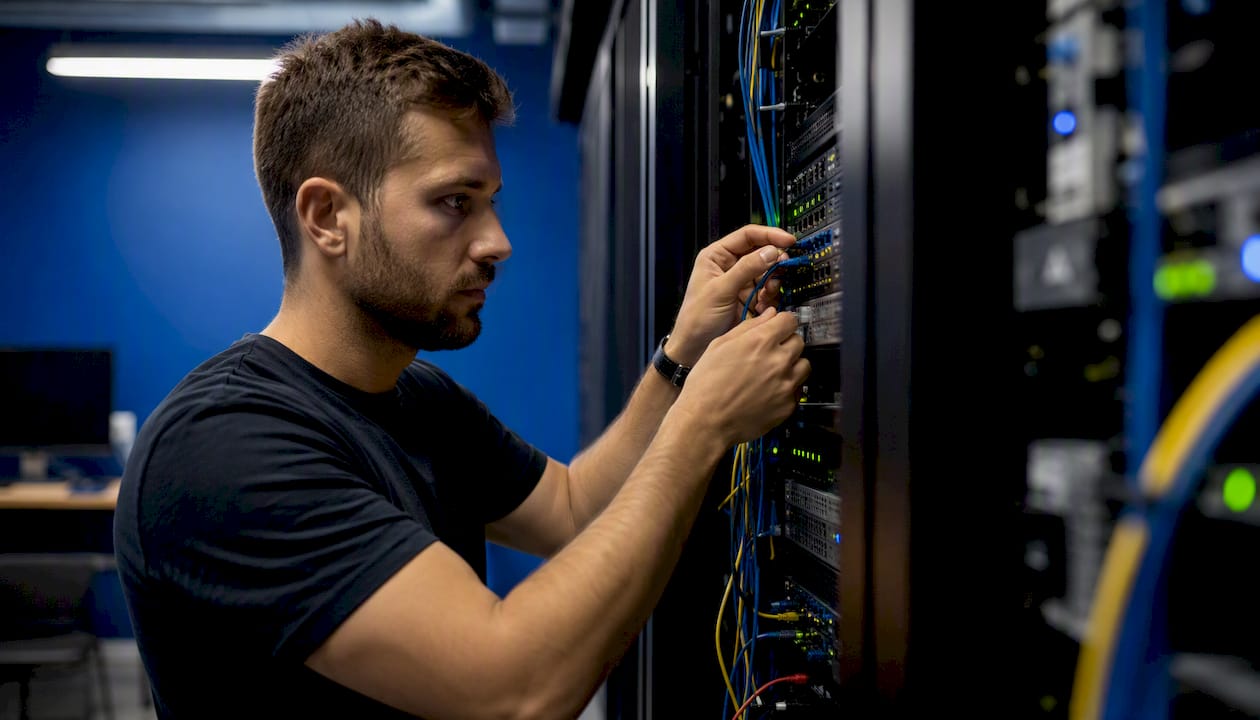 Hands connecting network cables in server rack