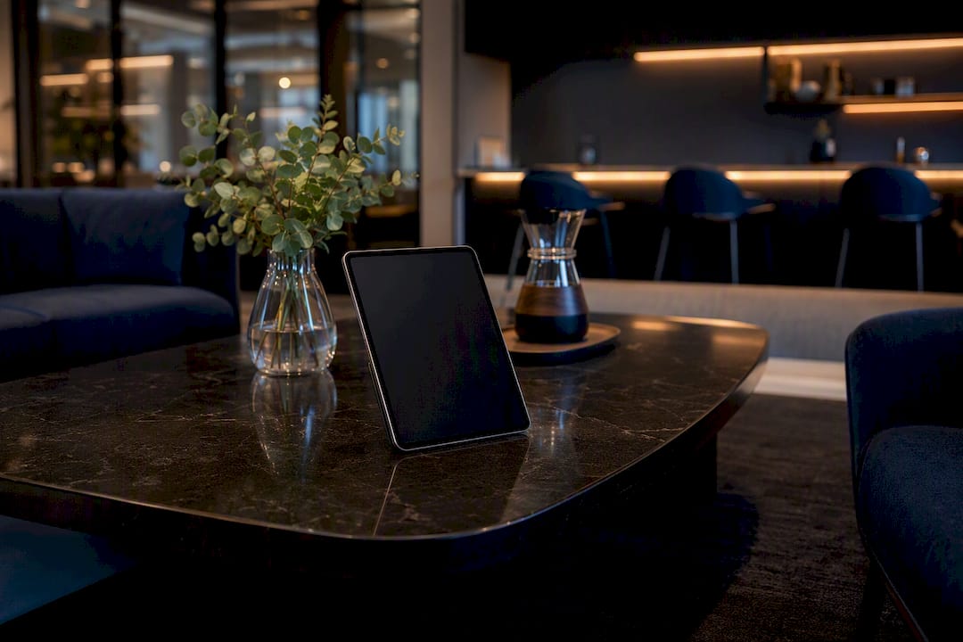 Modern sales office interior with digital tablet
