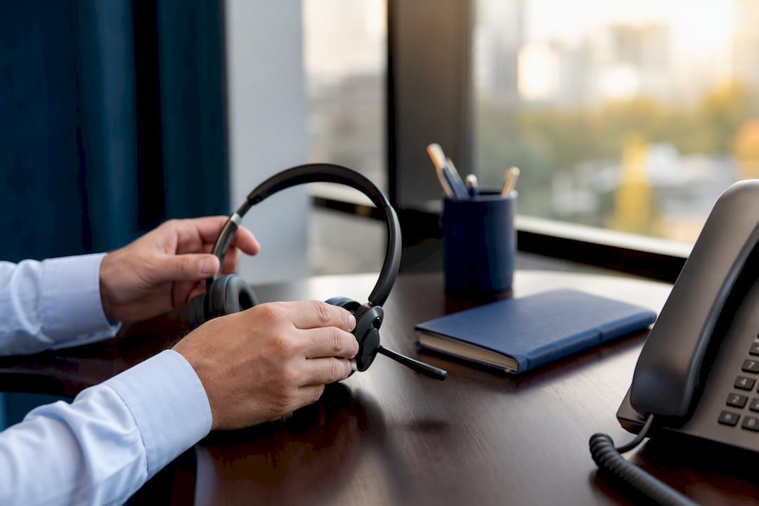 Hands adjusting headset for call preparation