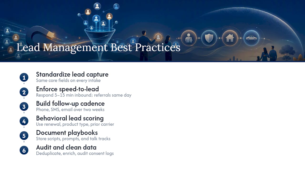 Diagram of six insurance lead management best practices