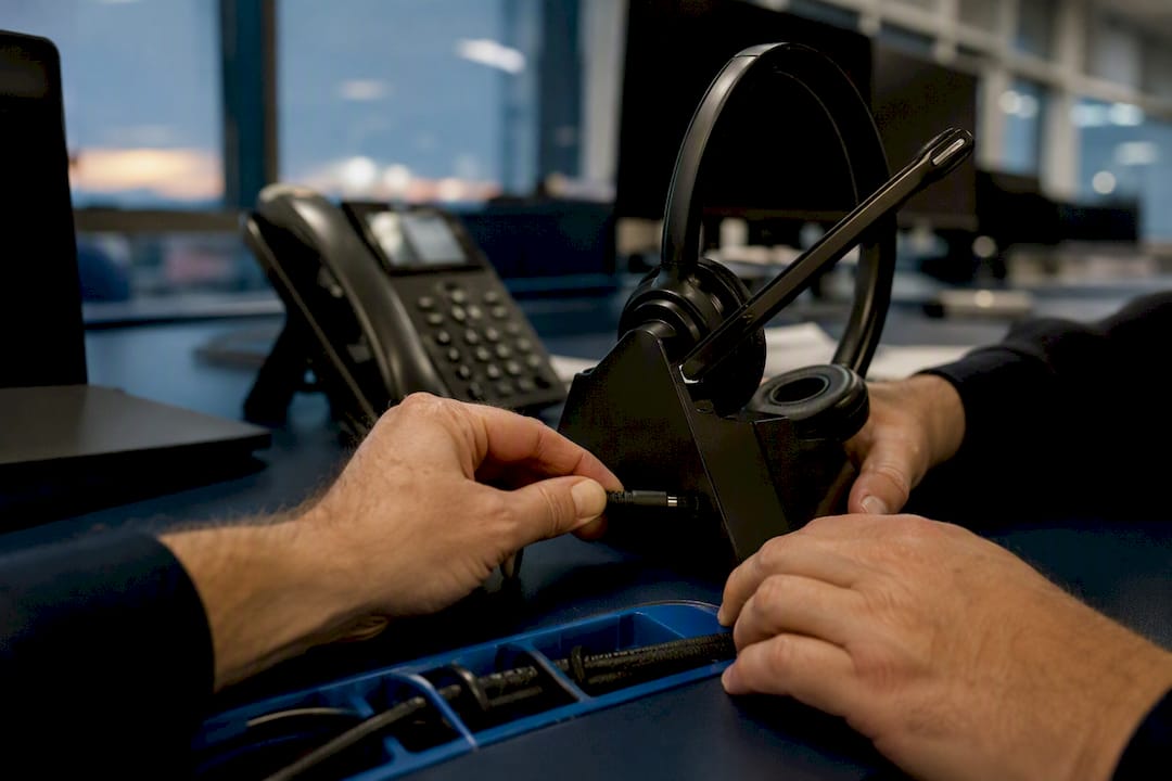 Hands connecting call center headset cable