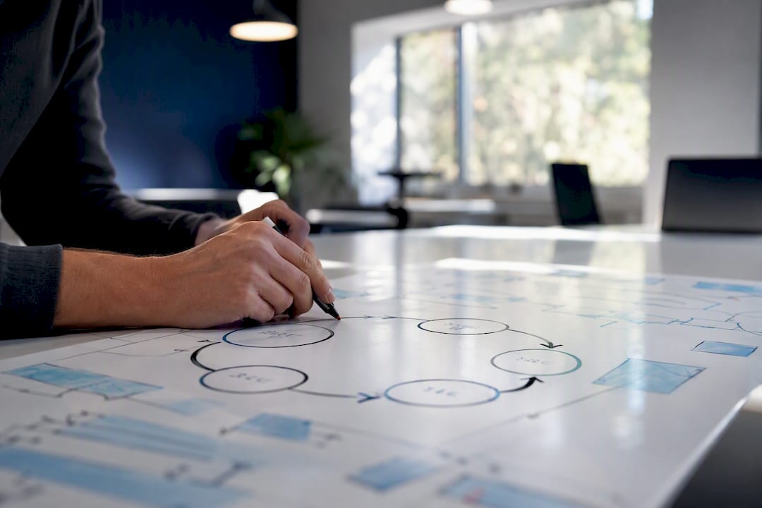 Hands marking process map on table