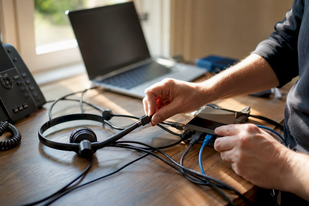 Hands connecting communication device cables