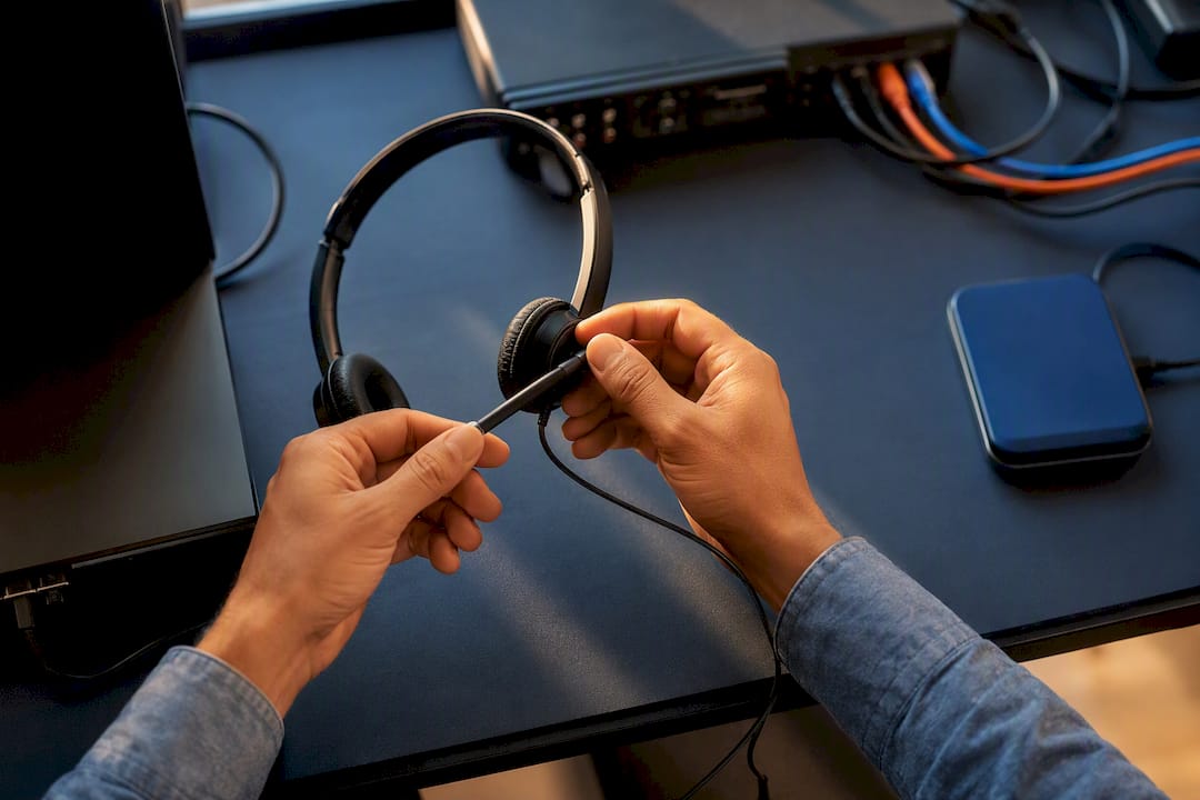 Hands adjusting call center headset controls