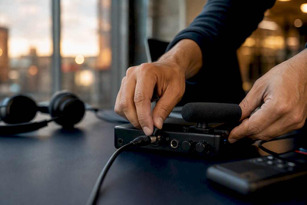 Technician adjusting call recording microphone