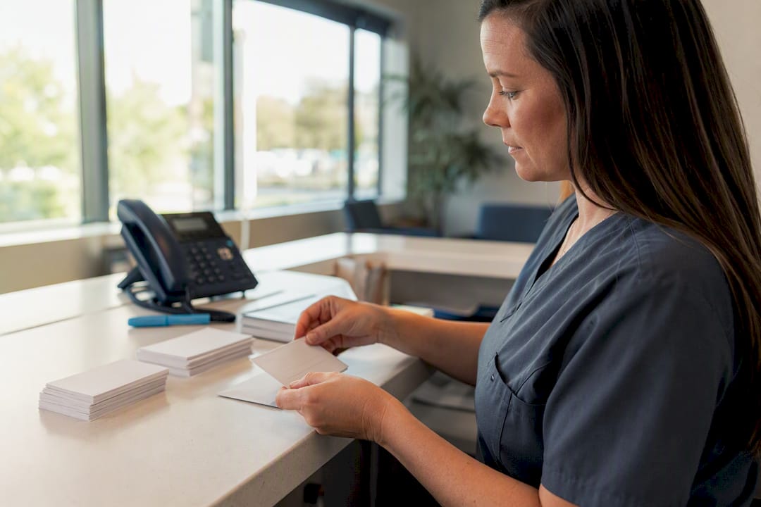 Clinic receptionist arranging appointment reminders