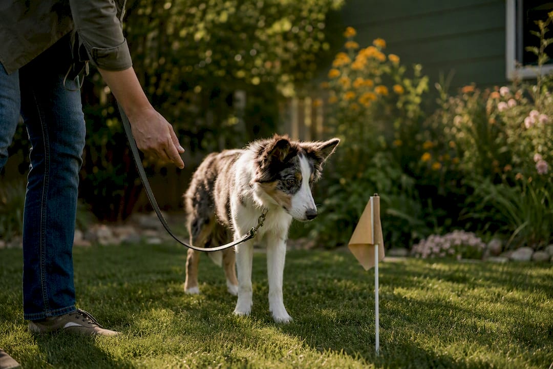 Trainer guiding dog near boundary flag on leash