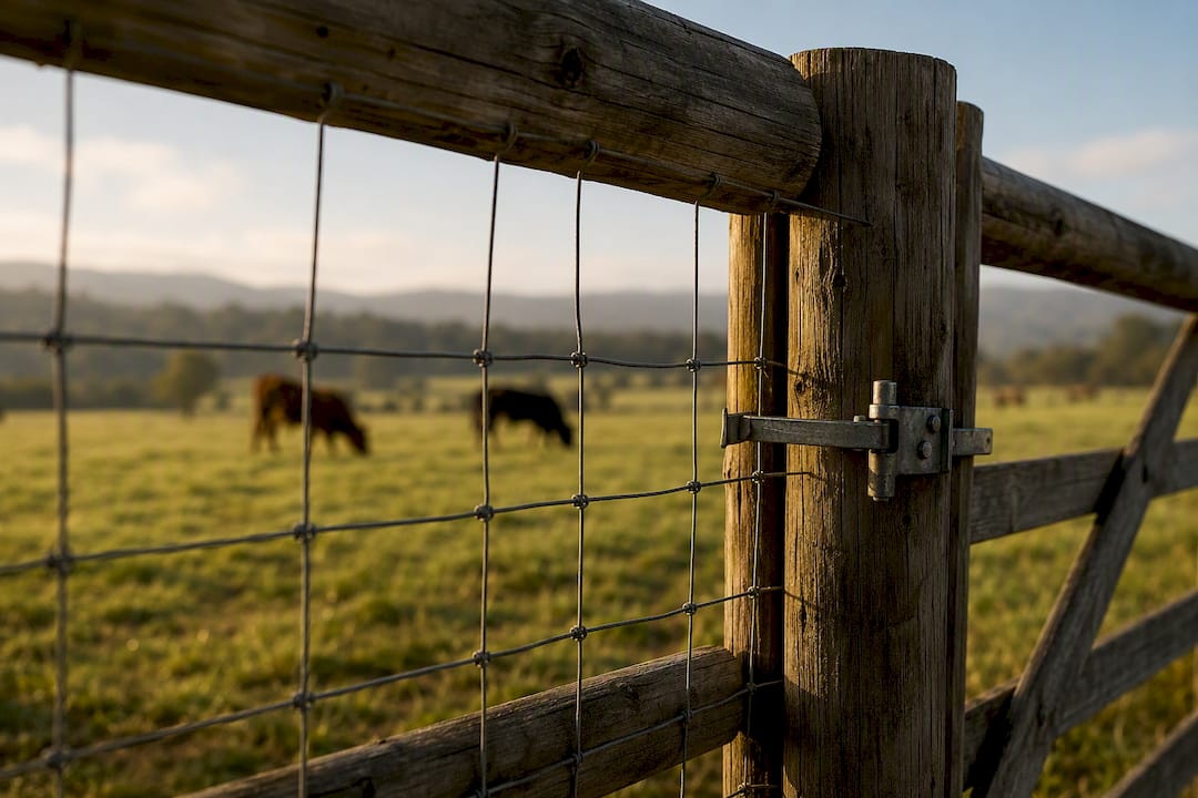 Woven wire fence separating livestock on farm