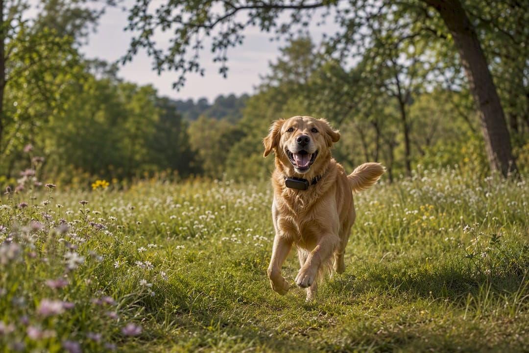 Dog wearing GPS collar roaming in sunny yard