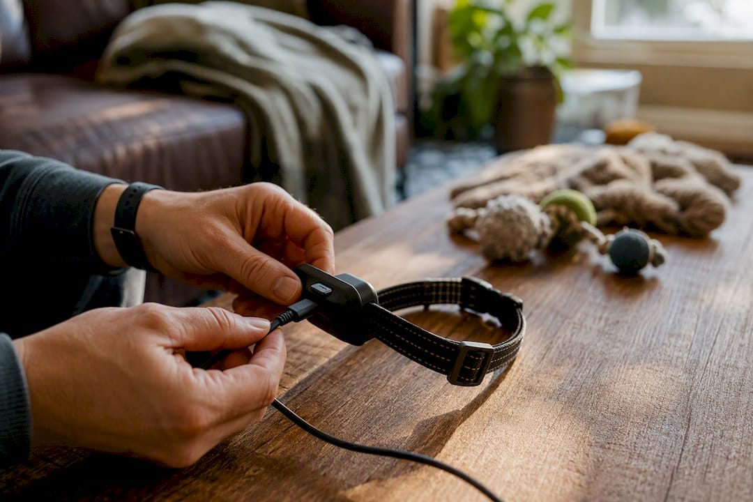 Hands charging dog GPS collar indoors