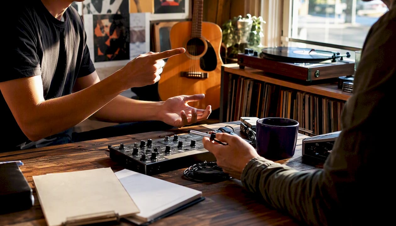 Hands exchanging ideas over music equipment