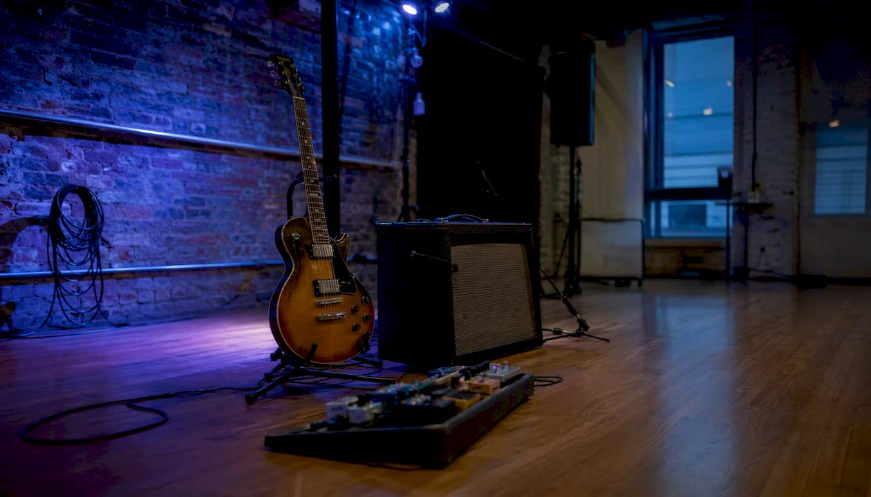 Local music venue stage with instruments