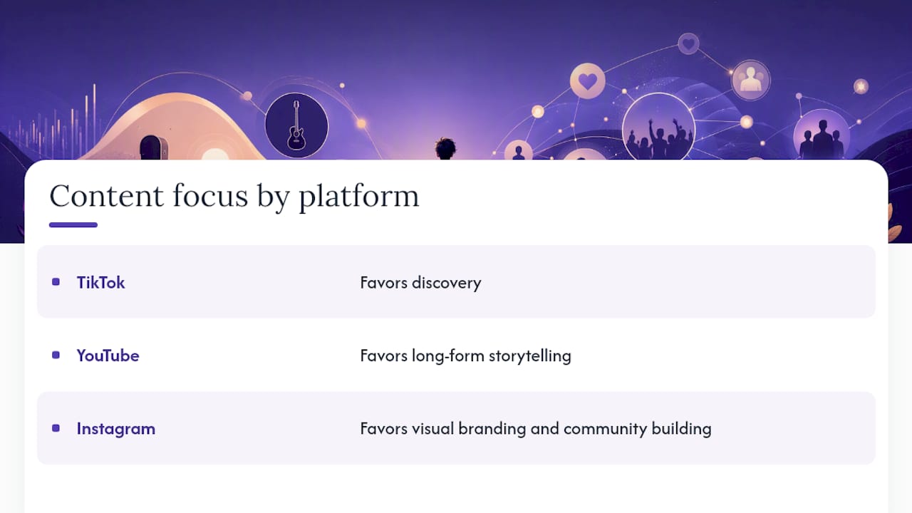Comparison diagram of social platforms by musician goals