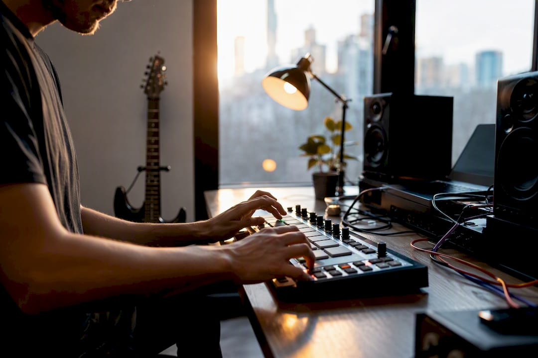 Hands playing MIDI controller near guitar