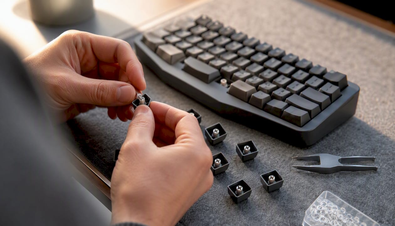 Hands installing O-rings on keyboard keycaps