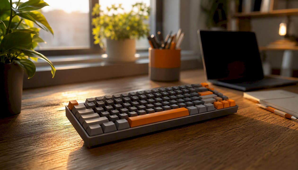 Mechanical keyboard angled on a black neoprene desk mat in a quiet home office setup
