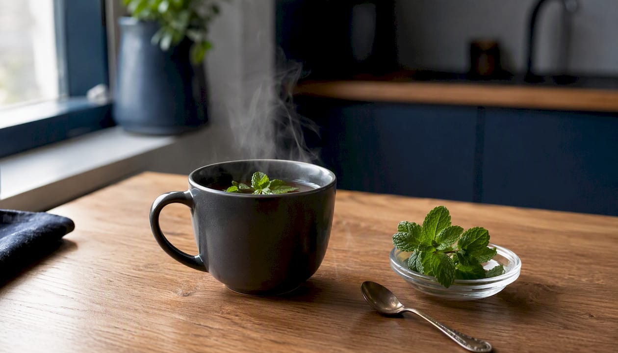 Cup of steaming peppermint tea on wooden table