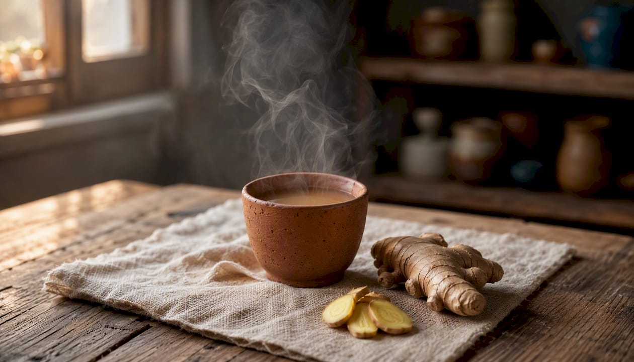Glass cup of ginger tea next to fresh ginger root