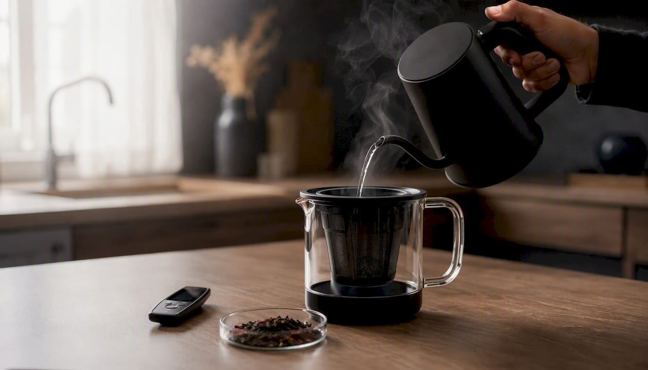 Hand pouring hot water from electric kettle