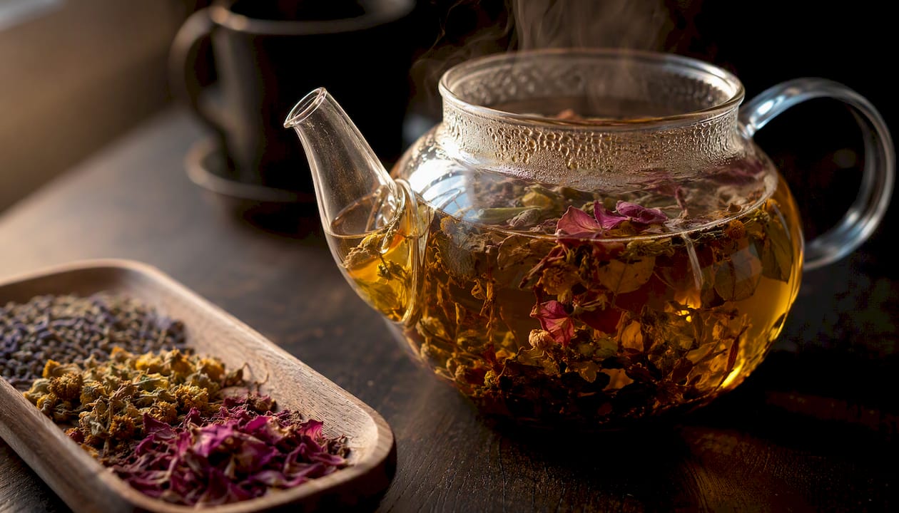 Loose leaf green tea infusing in glass teapot
