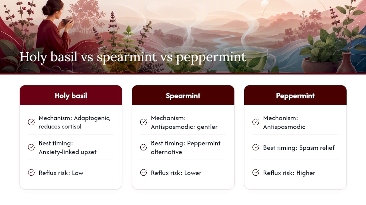 Comparison chart of digestive herbal teas by mechanism and timing