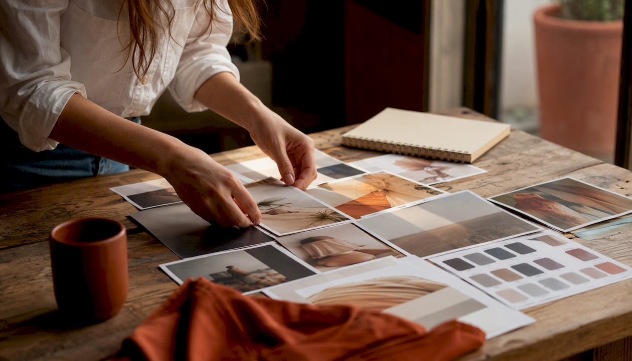 Designer hands sorting photo prints on table
