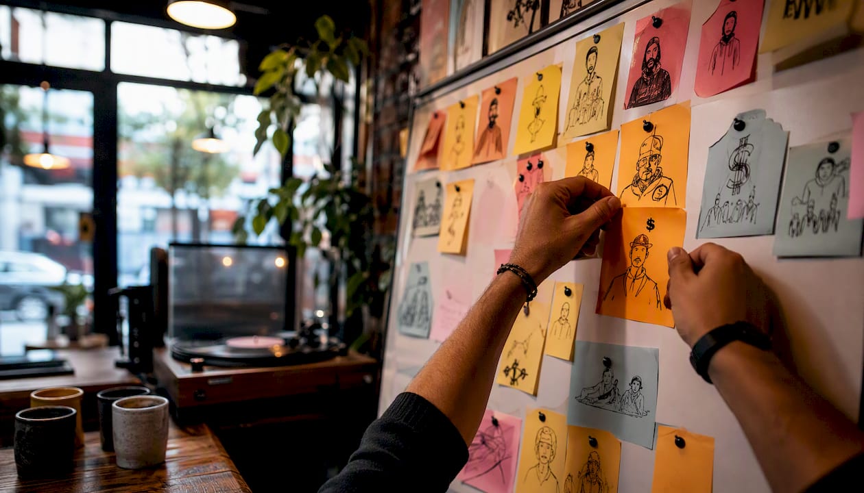 Hands arranging paid social ads plan