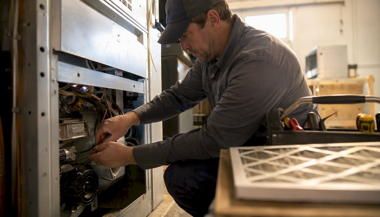 HVAC technician inspecting unit with diagnostic tools