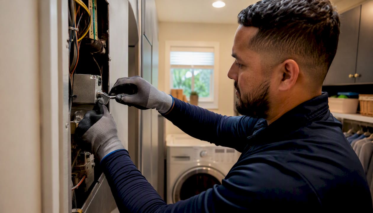 Technician removing HVAC component for repair